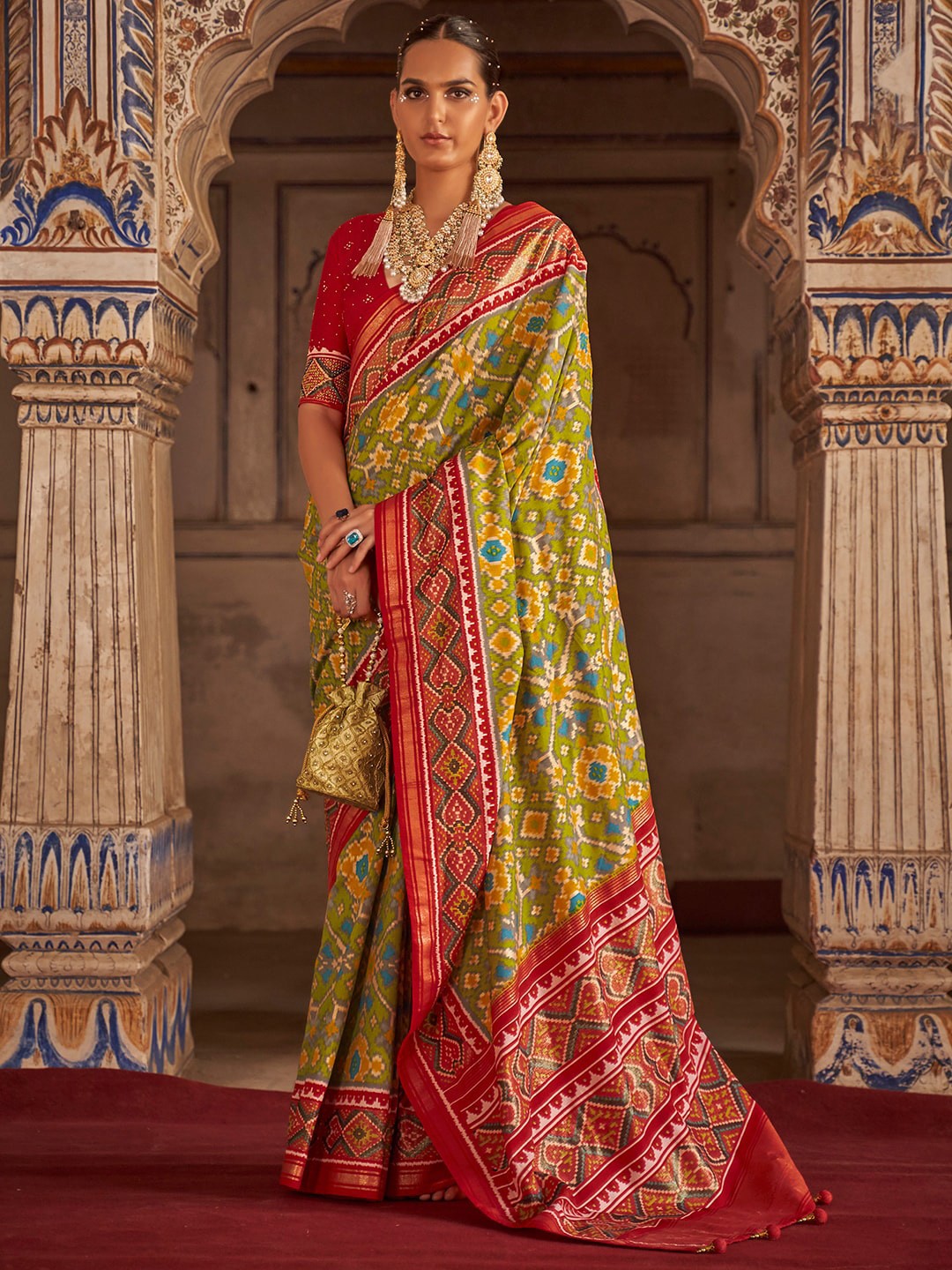 

Anouk Ethnic Motifs Printed Zari Silk Blend Pochampally Saree, Green