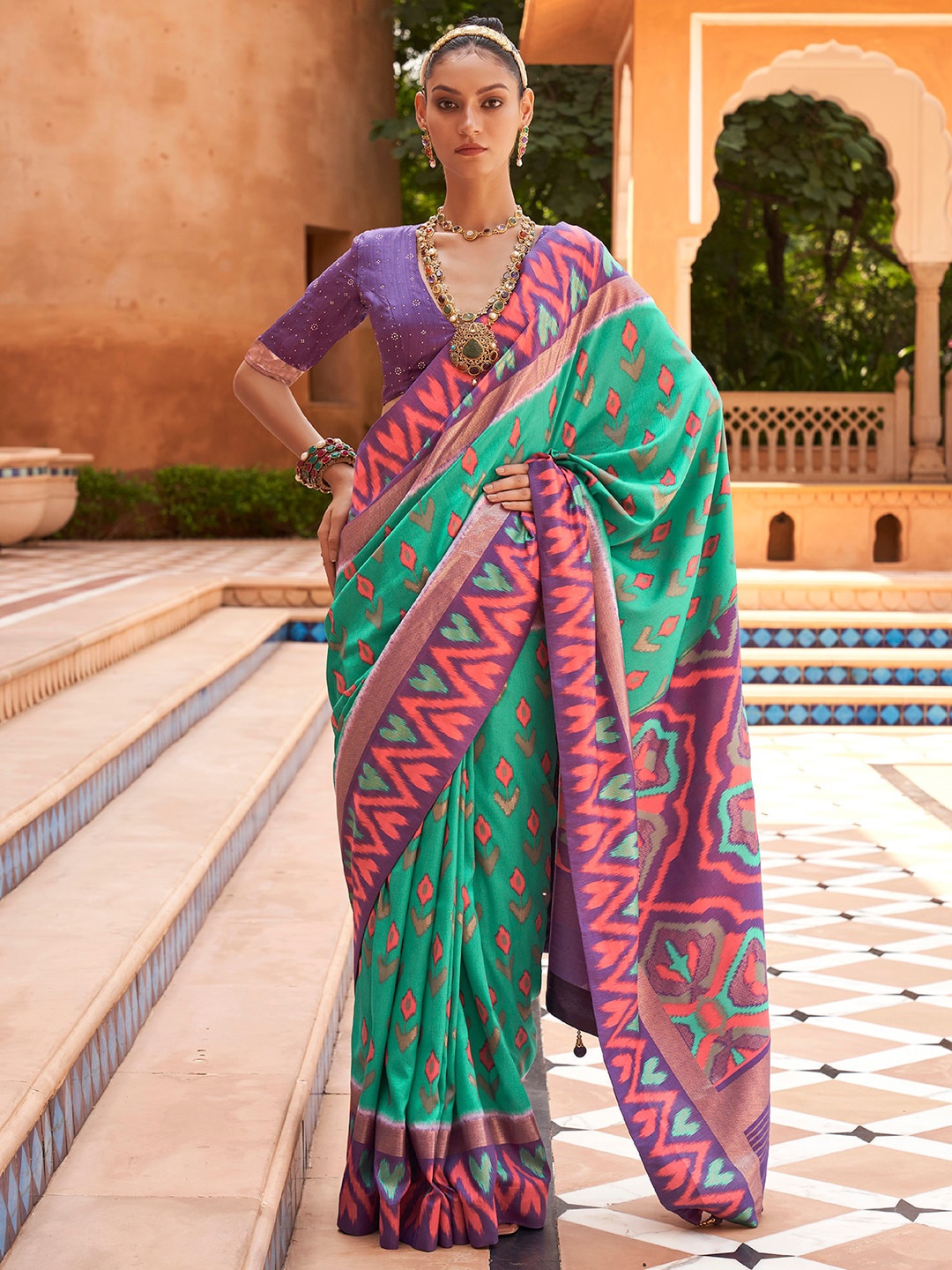 

Anouk Ethnic Motifs Printed Silk Blend Ikat Saree, Sea green