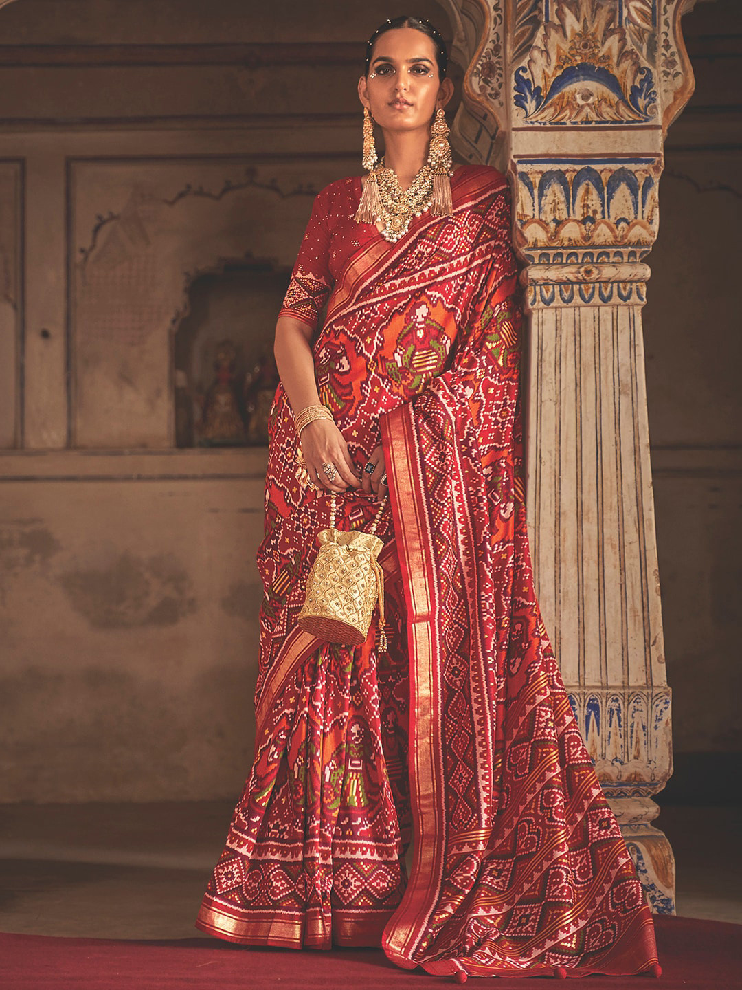

Anouk Ethnic Motifs Printed Zari Silk Blend Pochampally Saree, Red