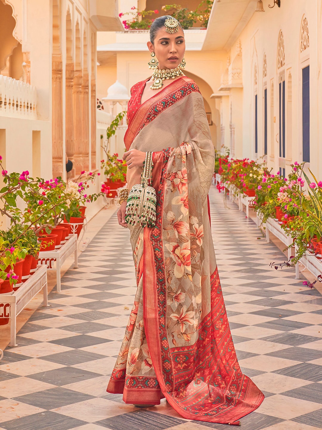 

Anouk Floral Printed Zari Silk Blend Patola Saree, Cream