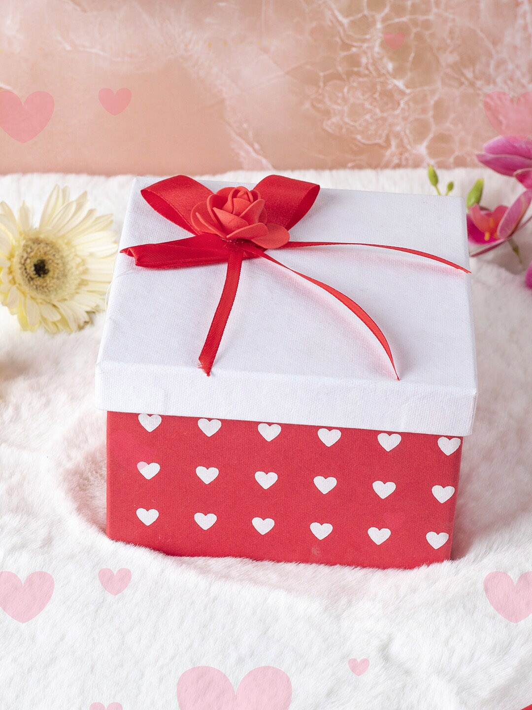 

MARKET99 Red & White Printed Valentine Empty Gift Box With Ribbon