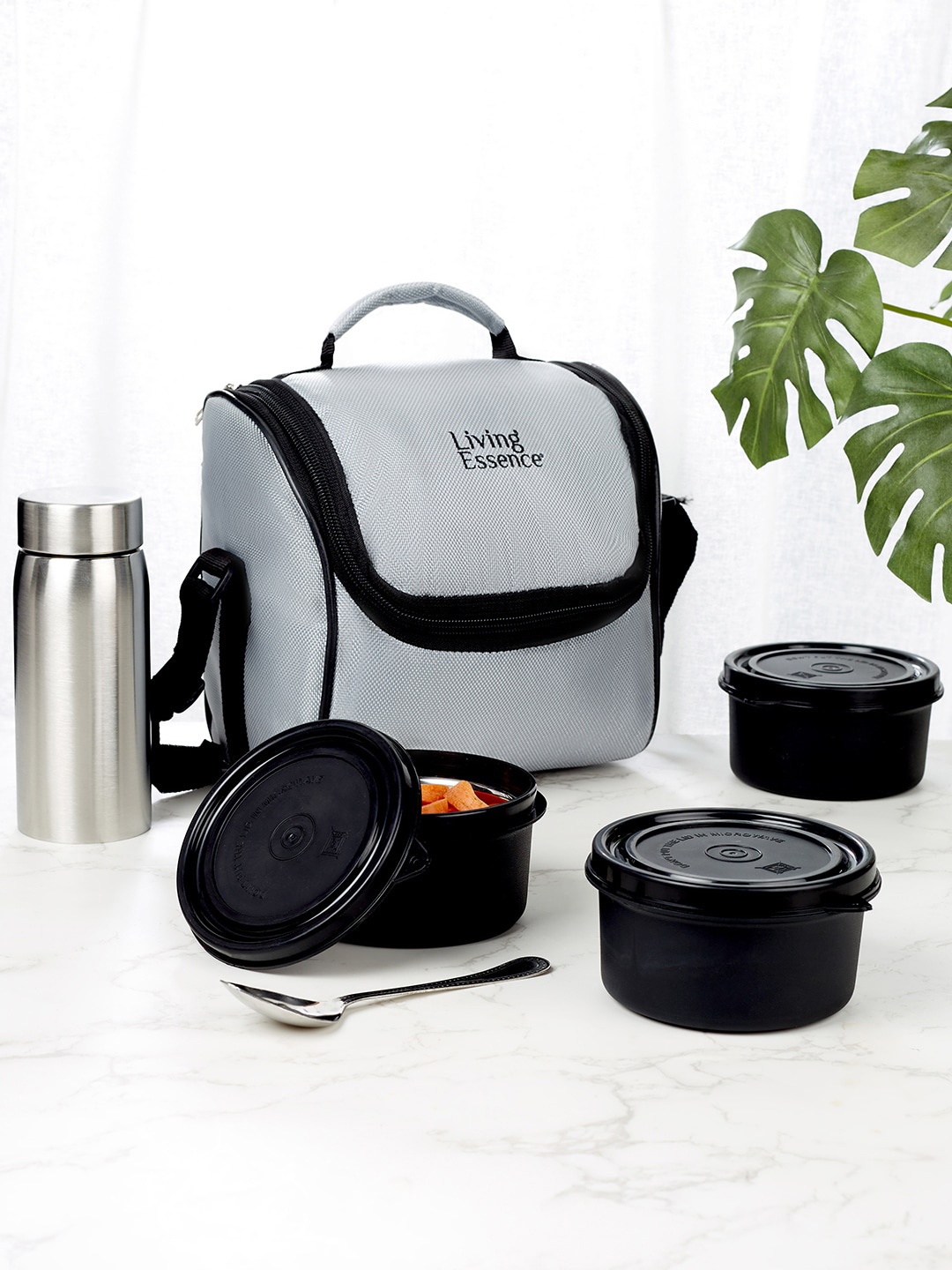 

HomeTown Grey 3 Pcs Stainless Steel Lunch Box 400 ml with Water Bottle & Bag
