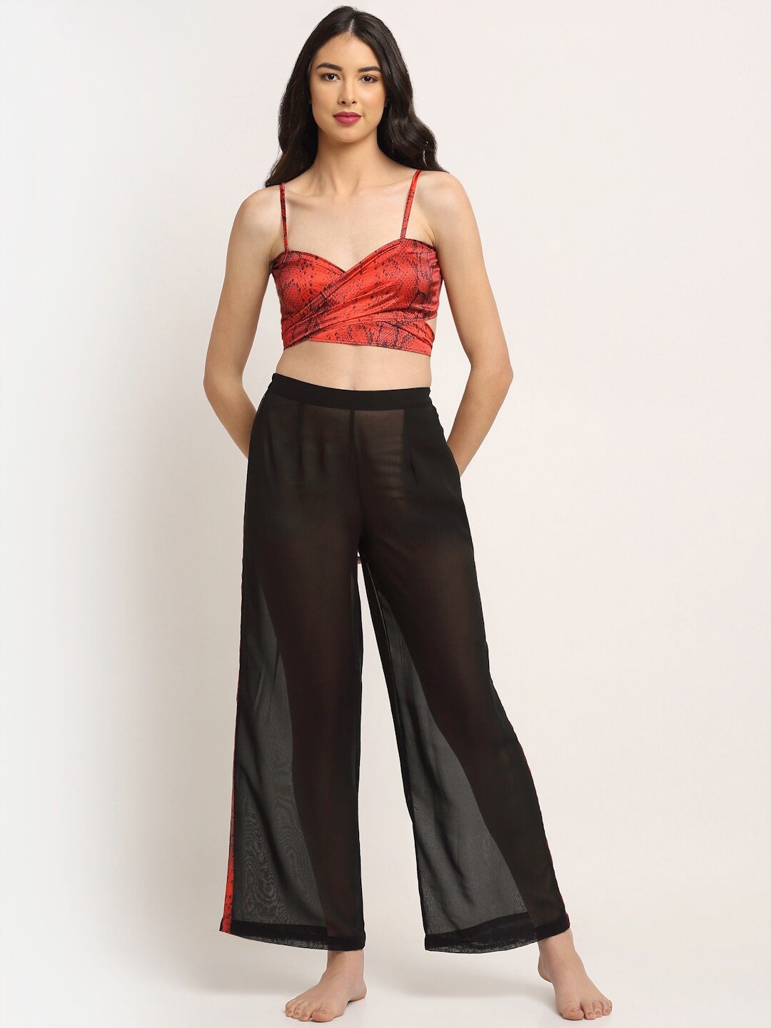 

EROTISSCH Women Animal Printed Crop Top With Palazzo Swimwear Set, Red