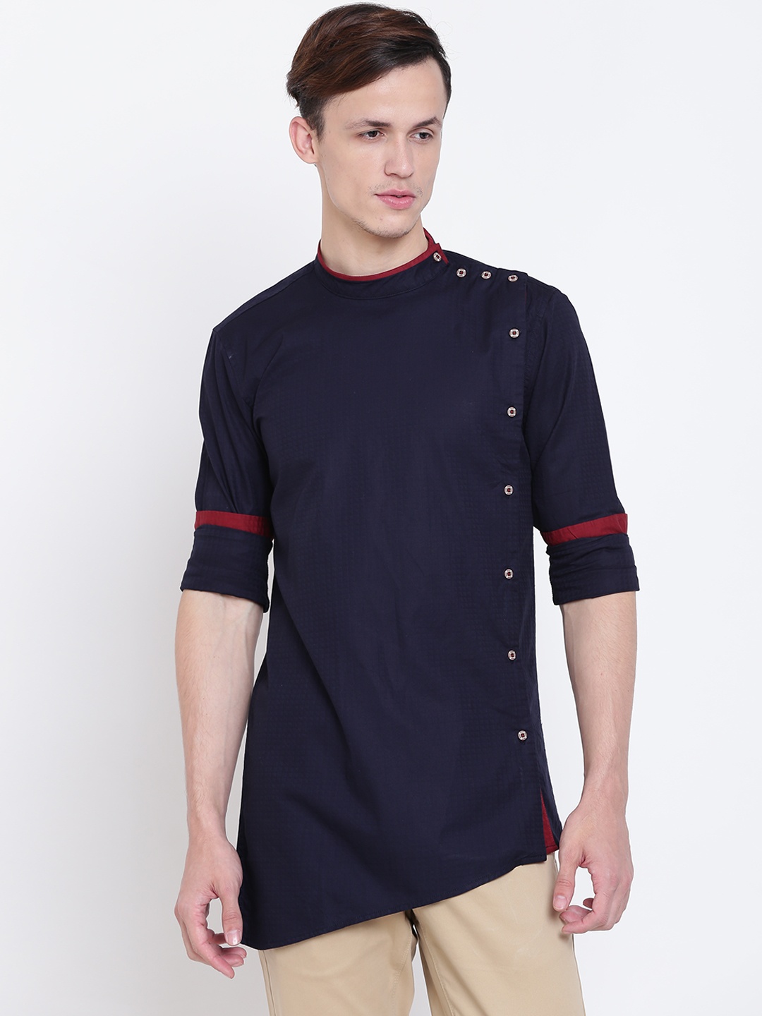 

The Indian Garage Co Men Navy Blue Self-Design Short Straight Kurta
