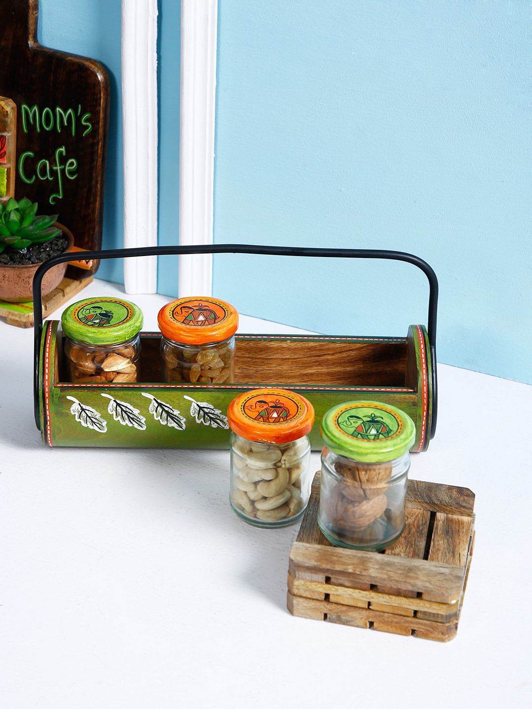 

Aapno Rajasthan Brown & Green 4 Pcs Glass Snacks Jar with Wooden Tray
