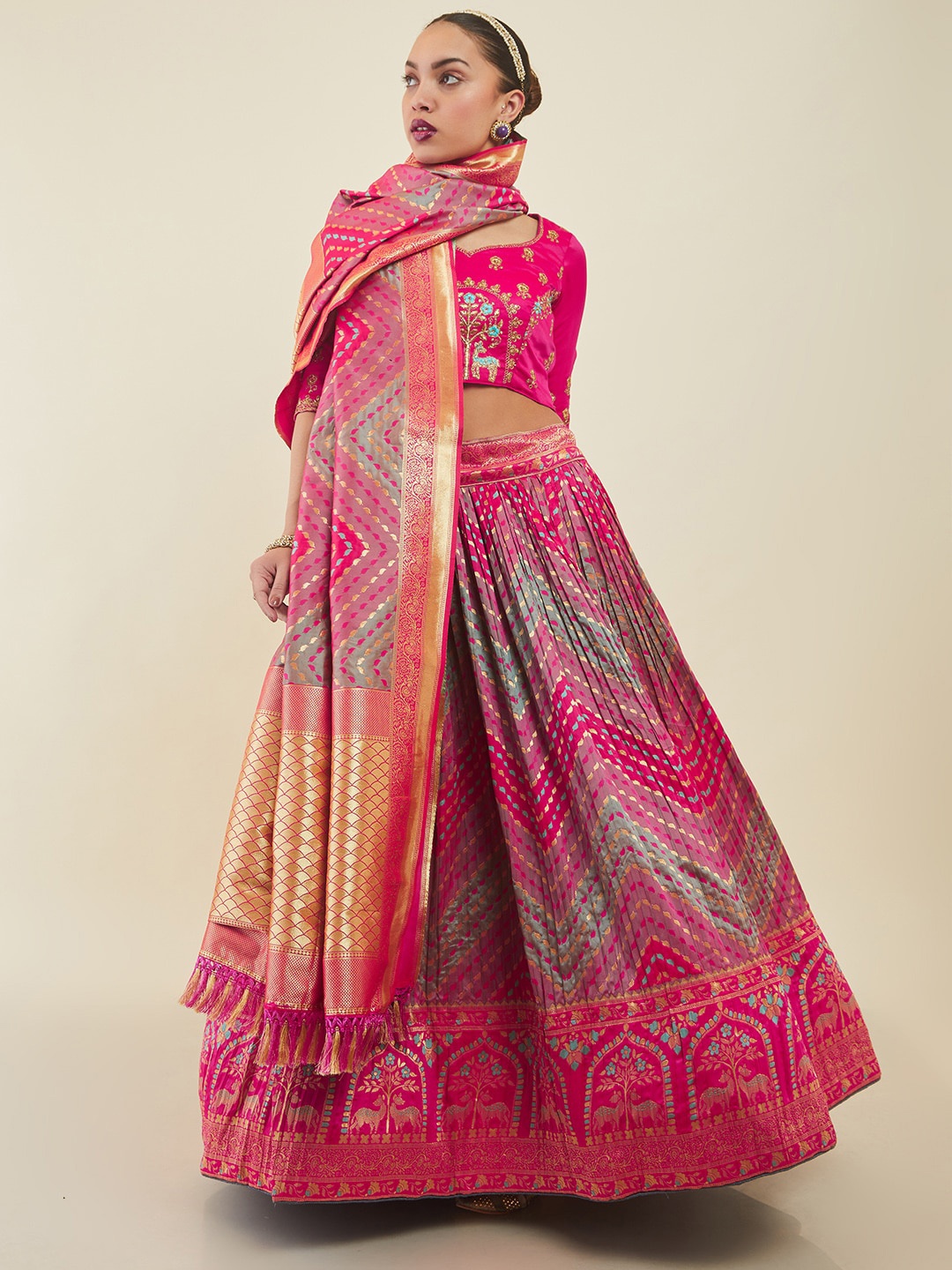 

Soch Embroidered Unstitched Lehenga & Blouse With Dupatta, Pink