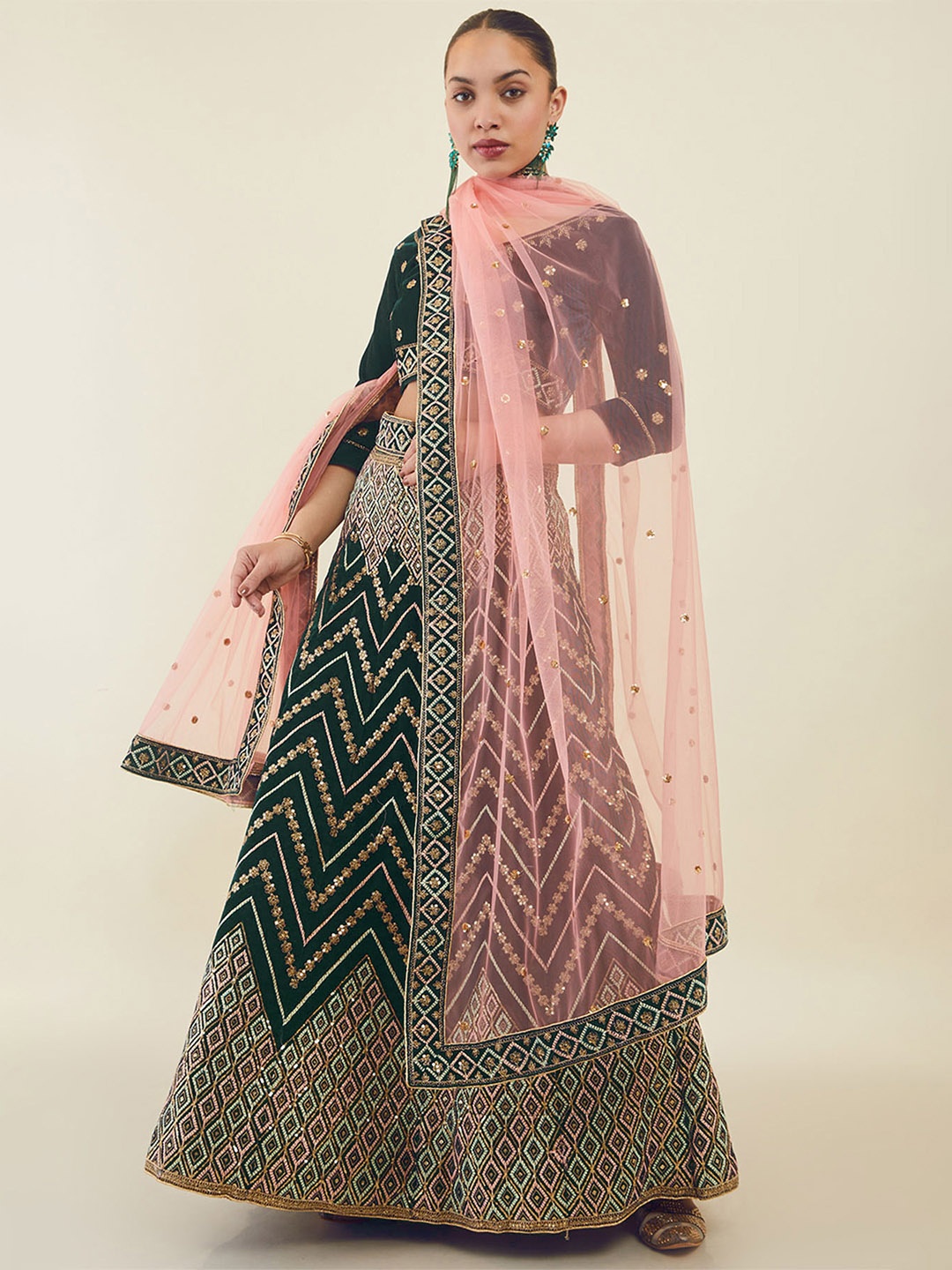 

Soch Embellished Sequinned Unstitched Lehenga & Blouse With Dupatta, Teal