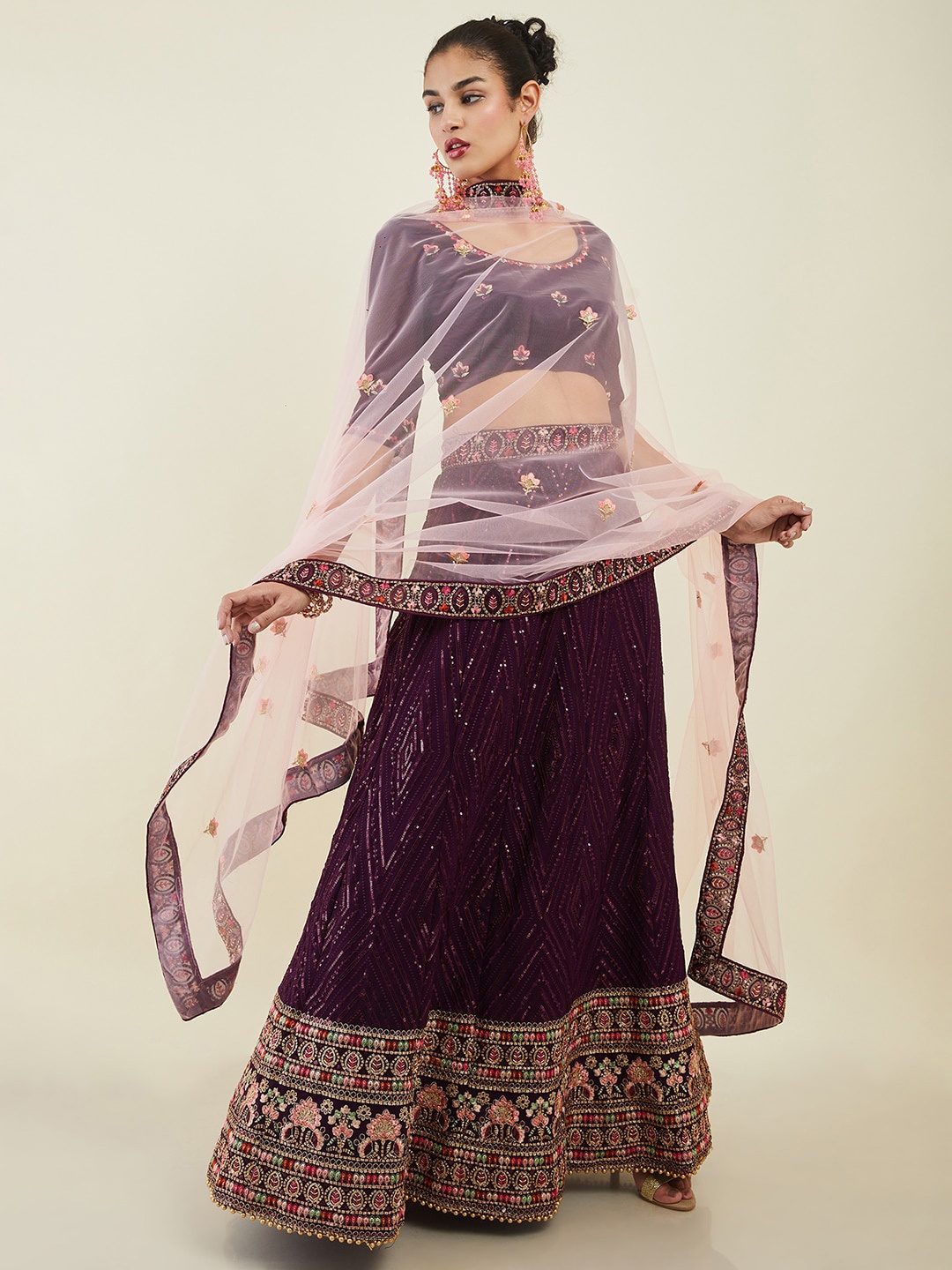 

Soch Embroidered Thread Work Unstitched Lehenga & Blouse With Dupatta, Maroon