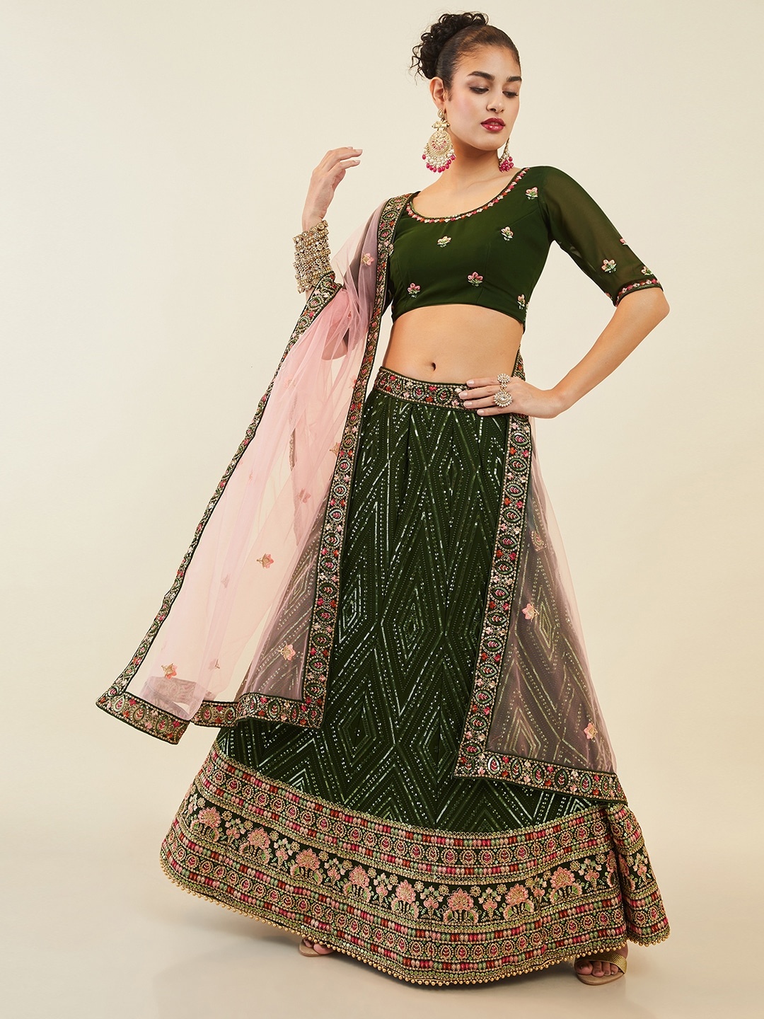 

Soch Embroidered Thread Work Unstitched Lehenga & Blouse With Dupatta, Olive
