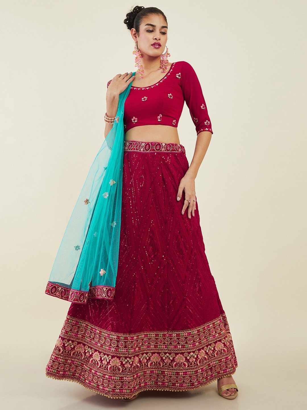 

Soch Embroidered Thread Work Unstitched Lehenga & Blouse With Dupatta, Red