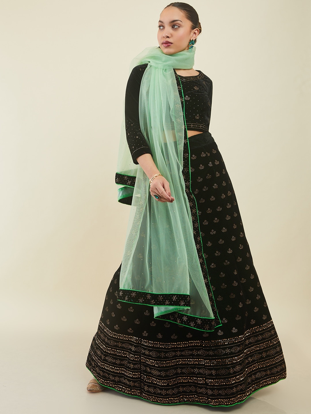 

Soch Embellished Velvet Unstitched Lehenga & Blouse With Dupatta, Olive