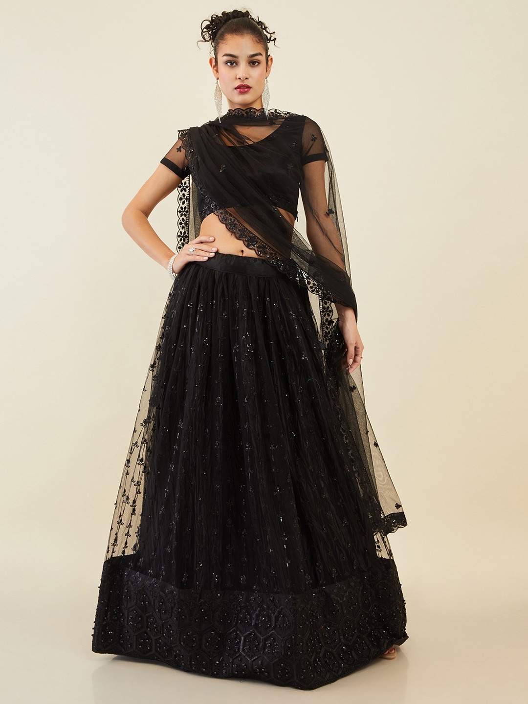 

Soch Embellished Sequinned Unstitched Lehenga & Blouse With Dupatta, Black