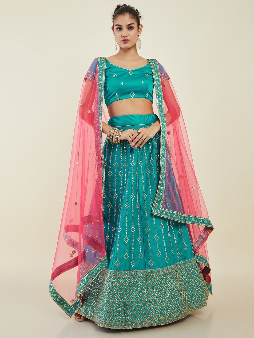 

Soch Embellished Sequinned Unstitched Lehenga & Blouse With Dupatta, Turquoise blue