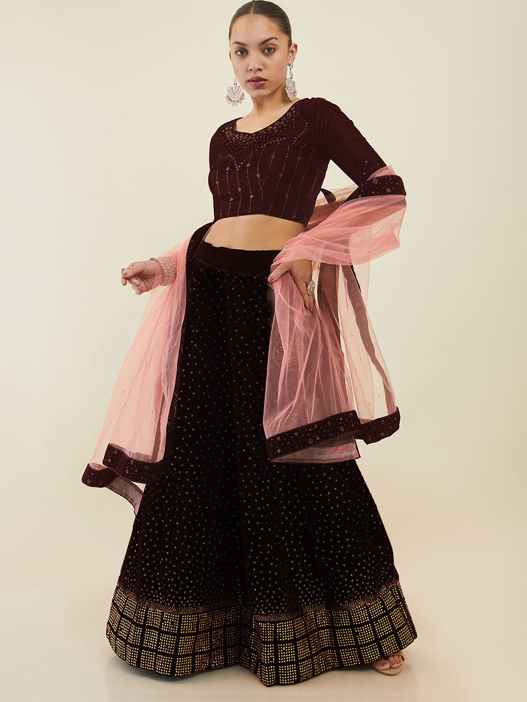 

Soch Embellished Velvet Unstitched Lehenga & Blouse With Dupatta, Maroon
