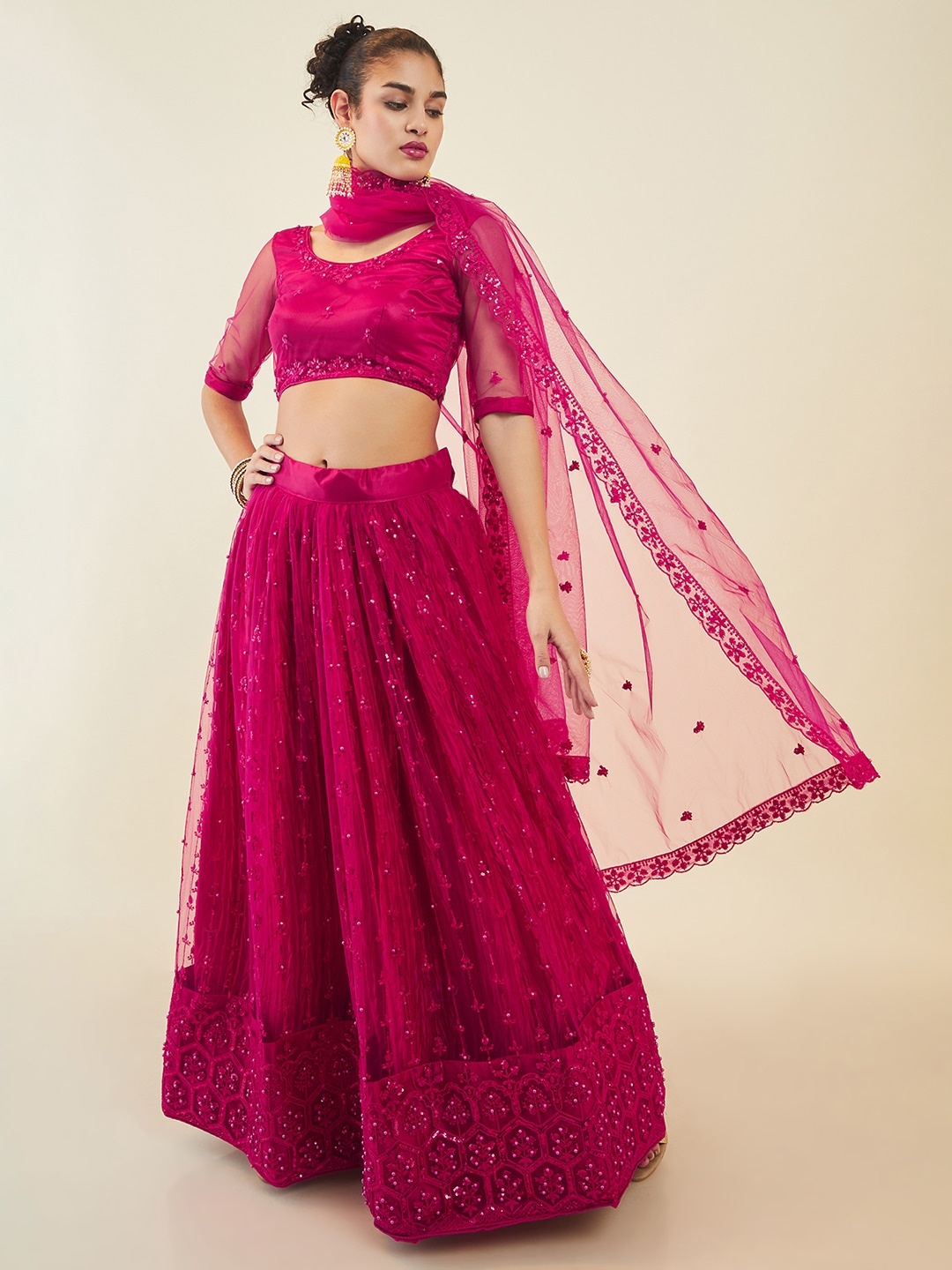 

Soch Embroidered Sequinned Net Unstitched Lehenga & Blouse With Dupatta, Fuchsia