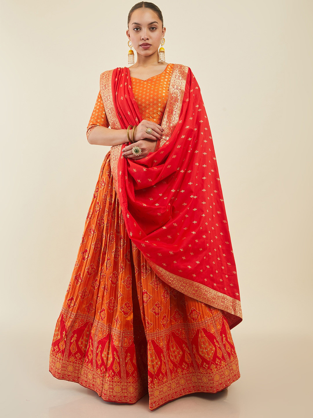 

Soch Woven Design Unstitched Lehenga & Blouse With Tassels Border Dupatta, Orange