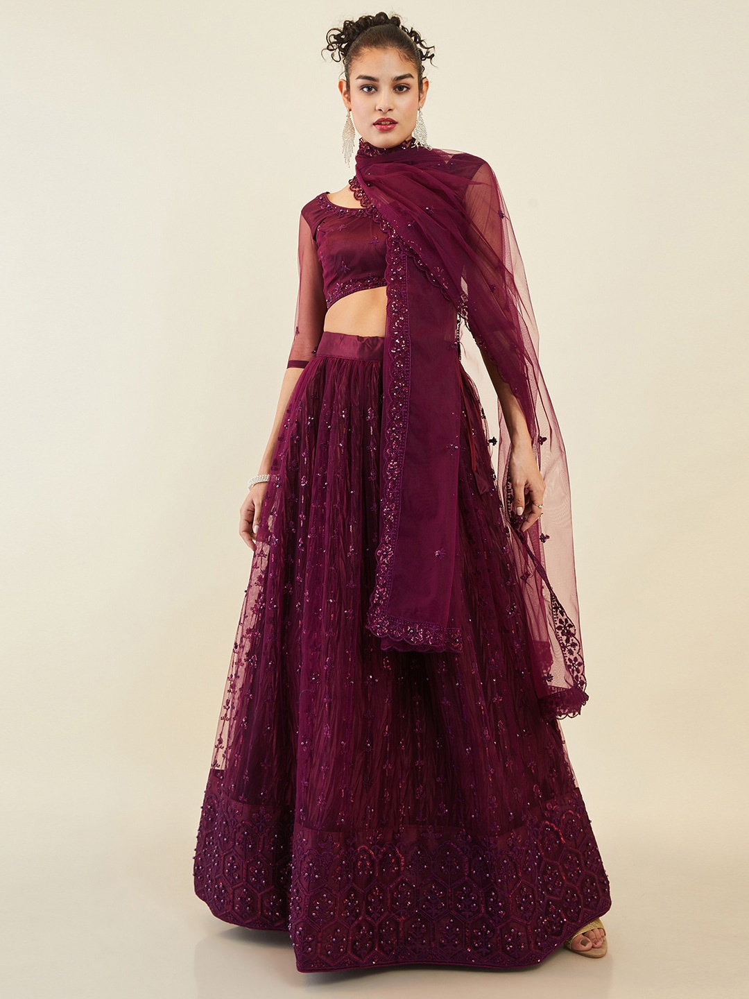 

Soch Embellished Sequinned Unstitched Lehenga & Blouse With Dupatta, Maroon