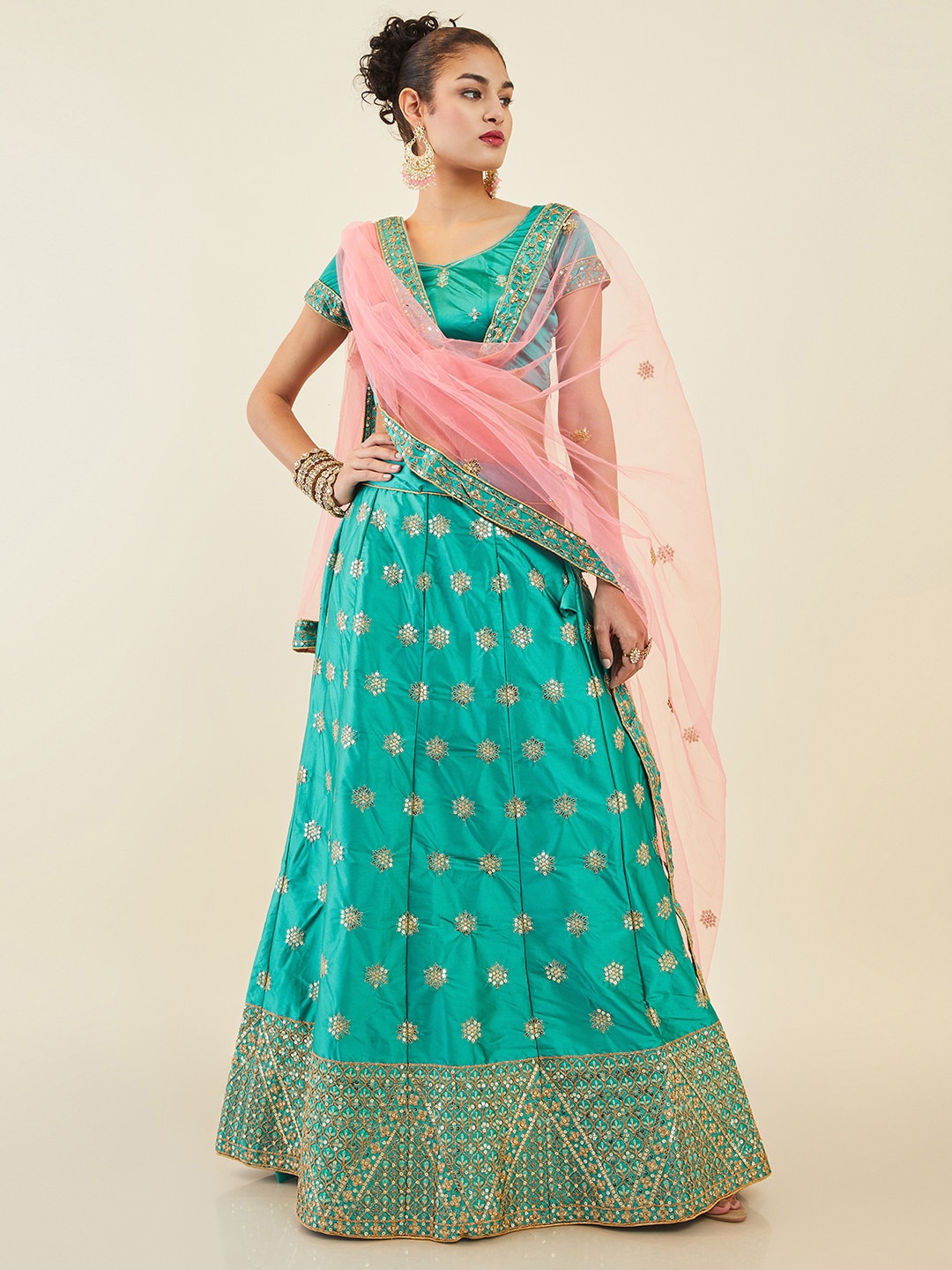 

Soch Embroidered Sequinned Unstitched Lehenga & Blouse With Dupatta, Teal
