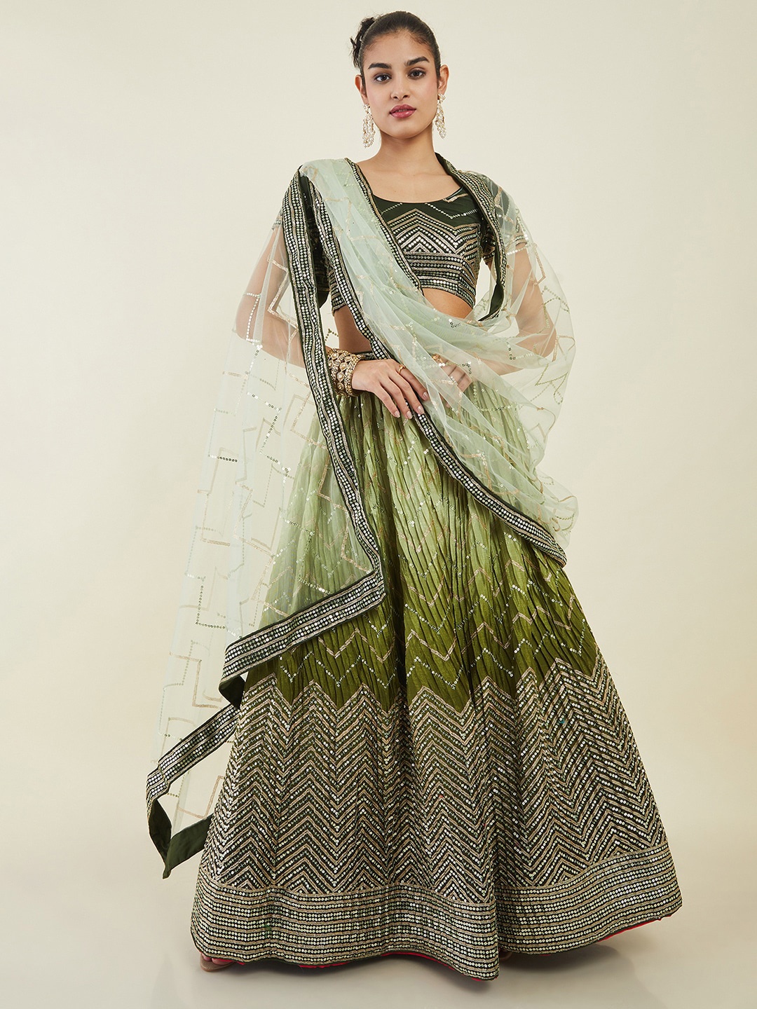 

Soch Olive Embellished Sequinned Ombre Unstitched Lehenga & Blouse With Dupatta