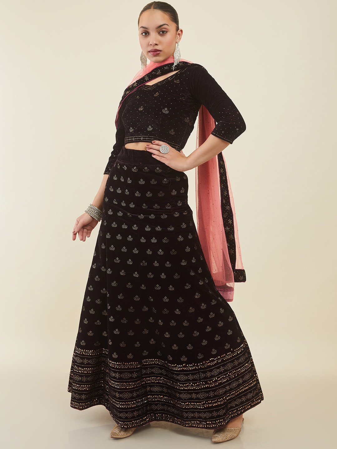 

Soch Embellished Beads and Stones Unstitched Lehenga & Blouse With Dupatta, Maroon