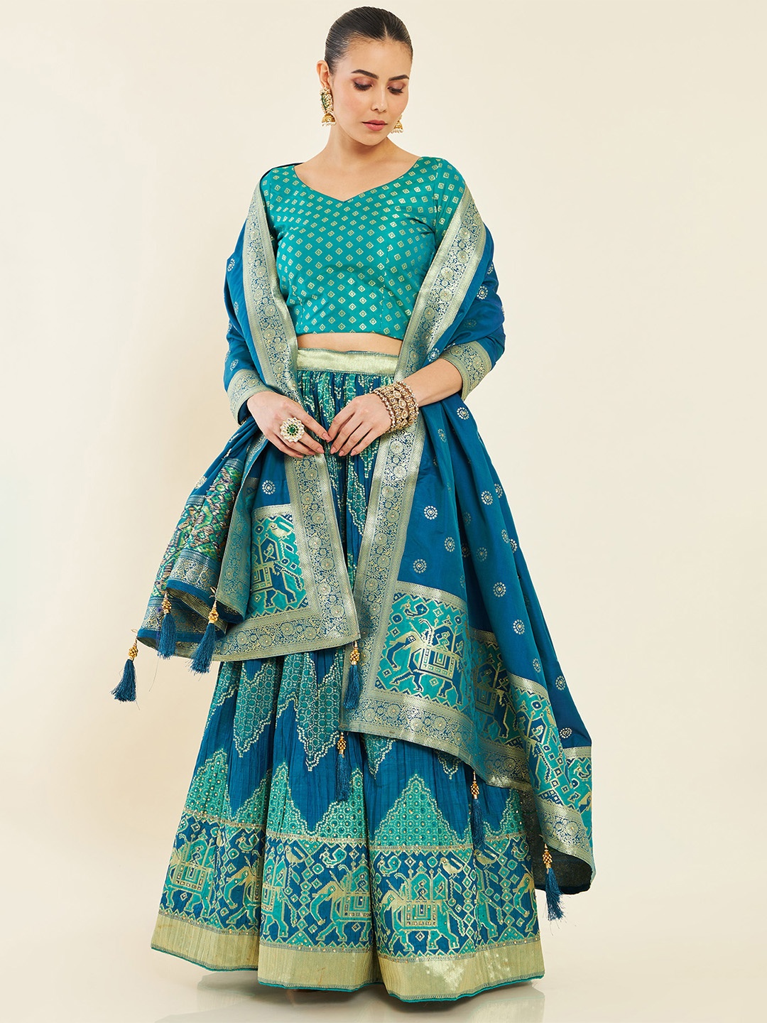 

Soch Woven Design Unstitched Lehenga & Blouse With Tassels Border Dupatta, Green