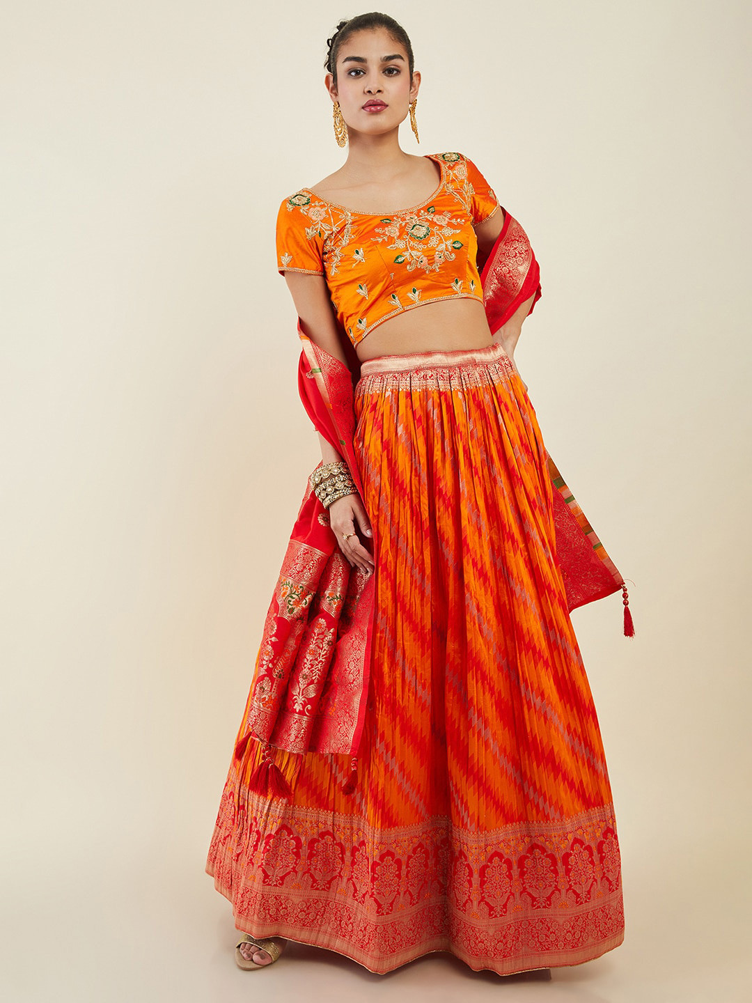 

Soch Embroidered Unstitched Lehenga & Blouse With Woven Design Dupatta, Orange