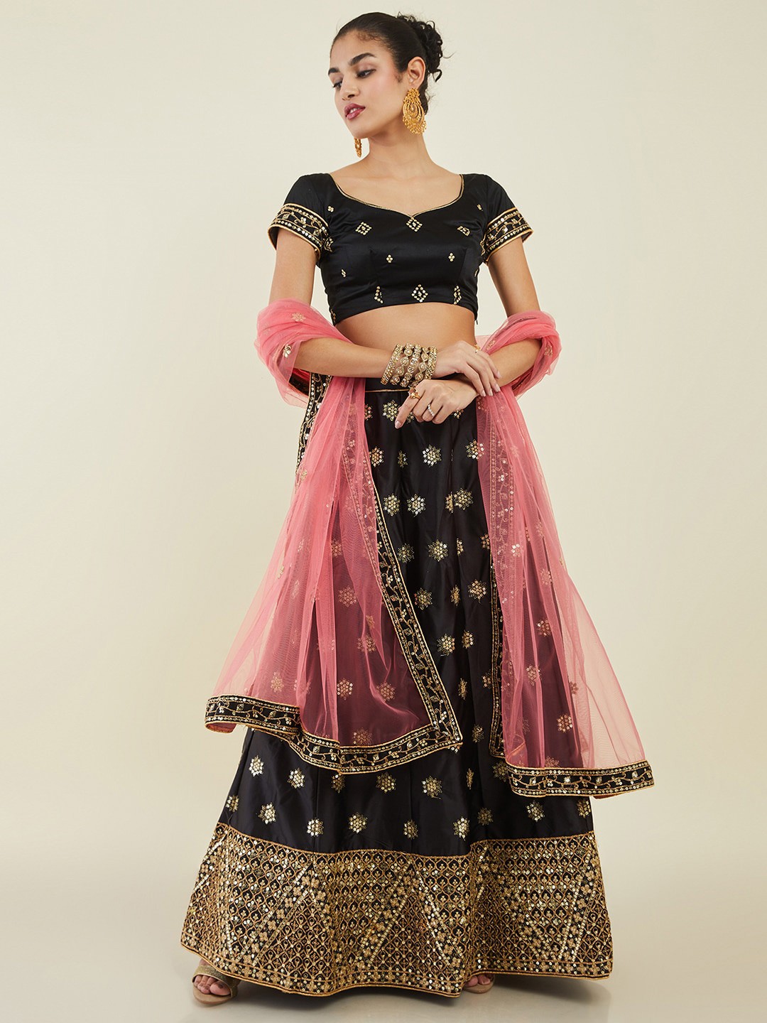 

Soch Embellished Sequinned Unstitched Lehenga & Blouse With Dupatta, Black