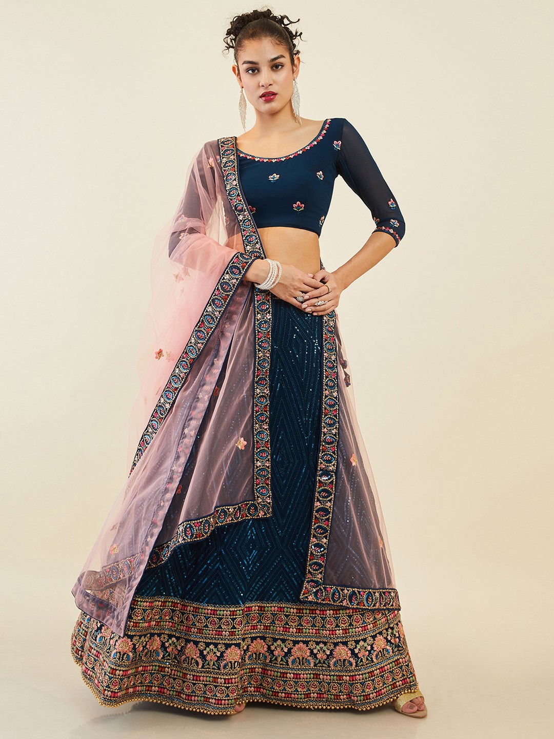 

Soch Embroidered Thread Work Unstitched Lehenga & Blouse With Dupatta, Blue