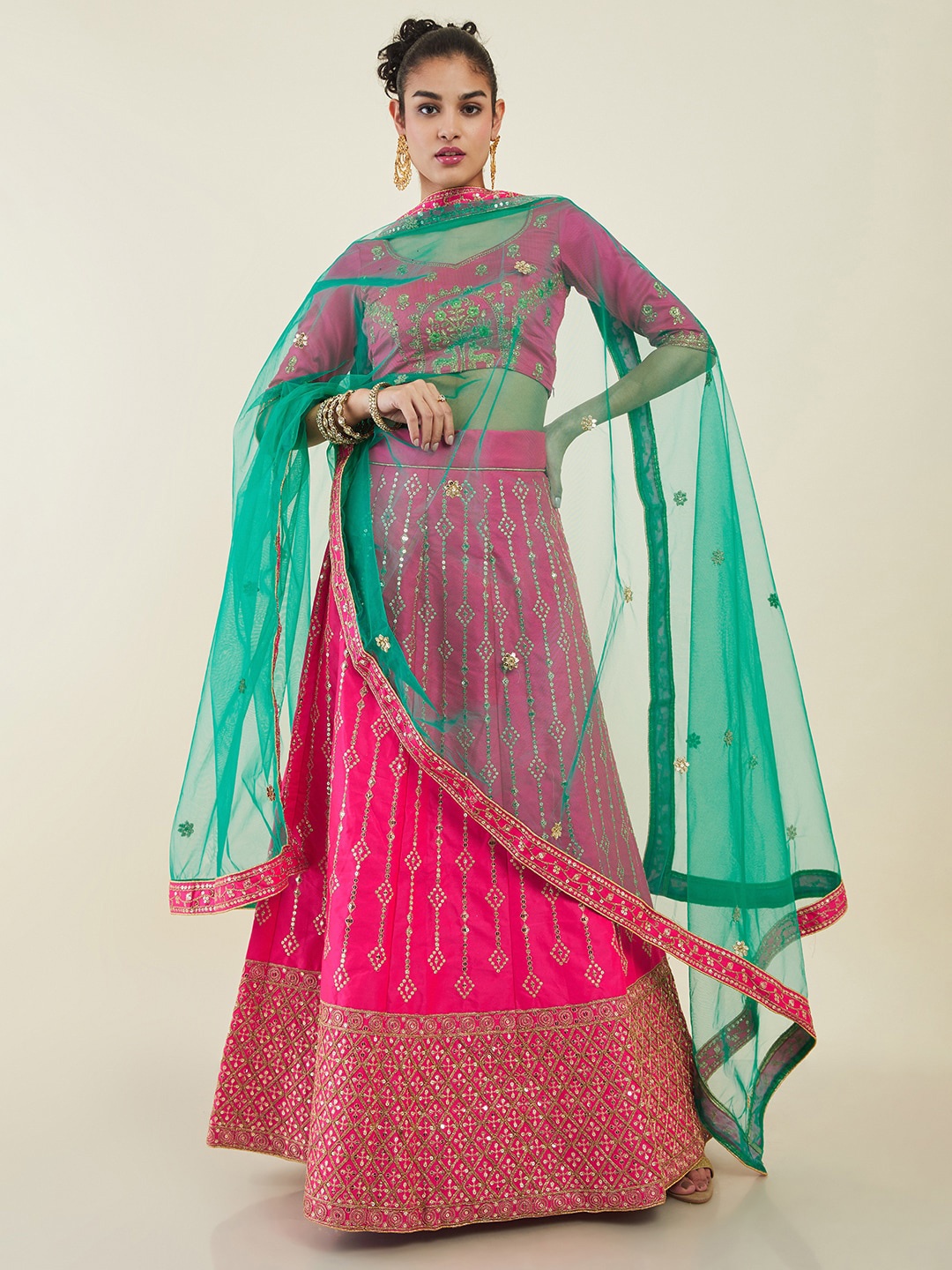 

Soch Embroidered Sequinned Unstitched Lehenga & Blouse With Dupatta, Fuchsia