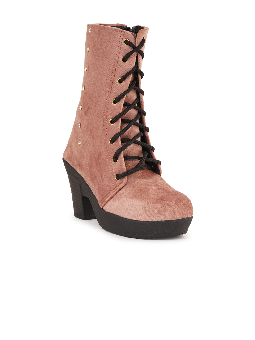 

SAPATOS Women Embellished Block Heeled Regular Boots, Peach