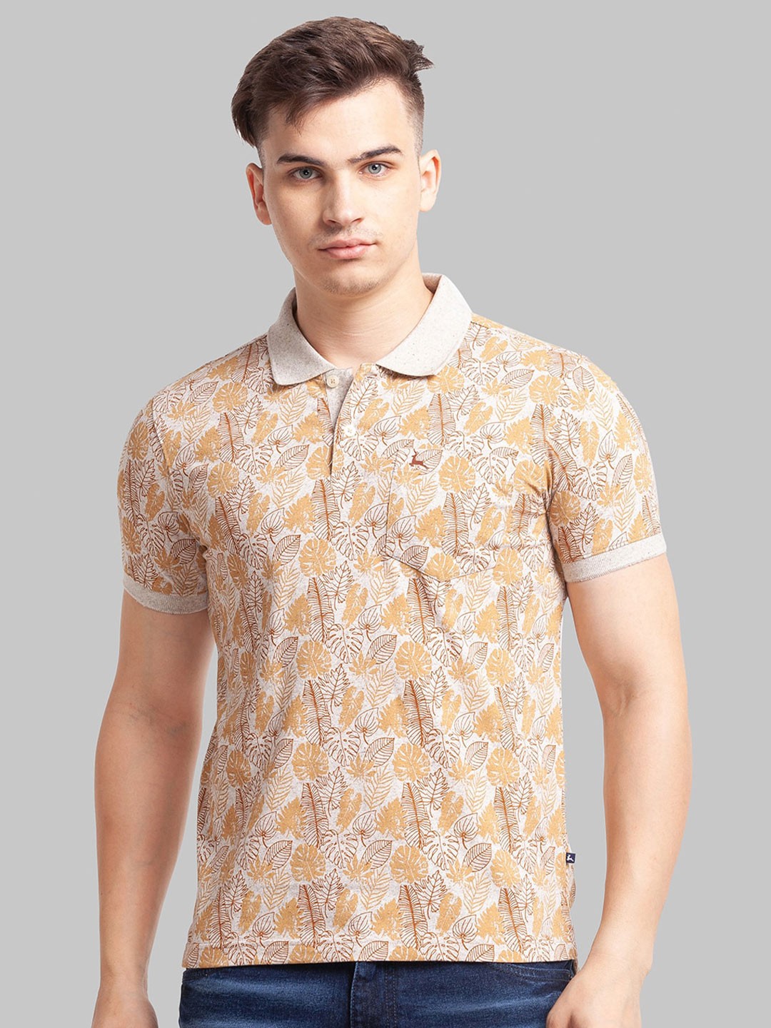 

Parx Men Floral Printed Polo Collar Cotton T-shirt, Beige