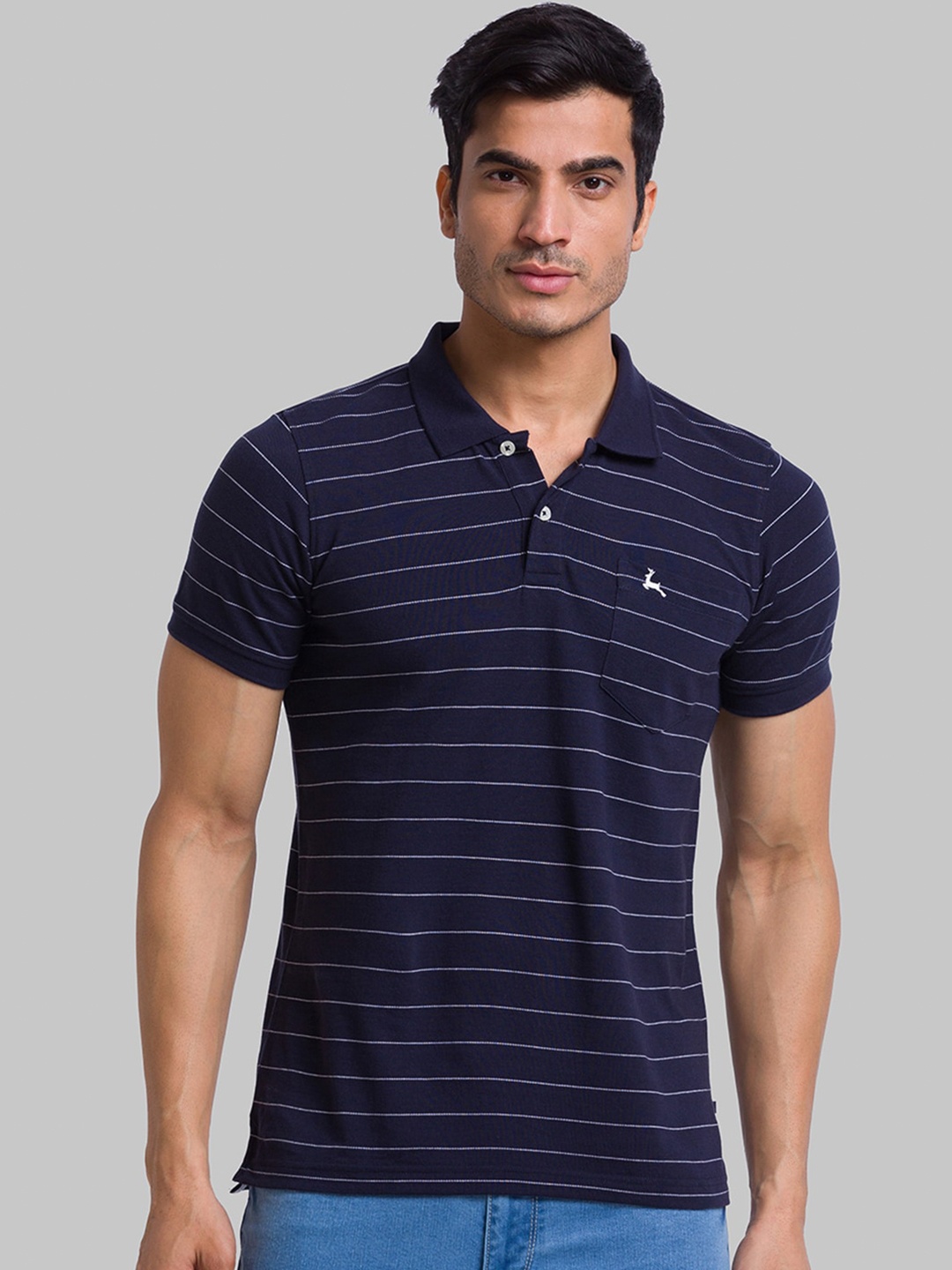 

Parx Men Striped Polo Collar Collar Cotton T-shirt, Blue