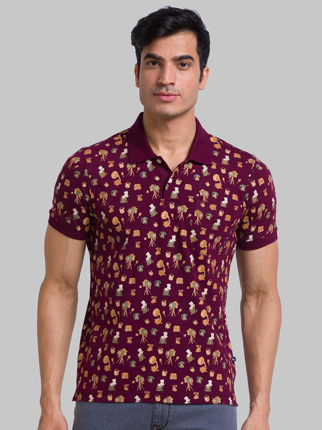 

Parx Men Printed Polo Collar Cotton T-shirt, Burgundy