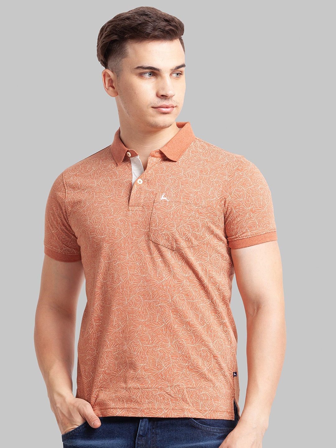 

Parx Tropical Printed Polo Collar Cotton T-shirt, Brown