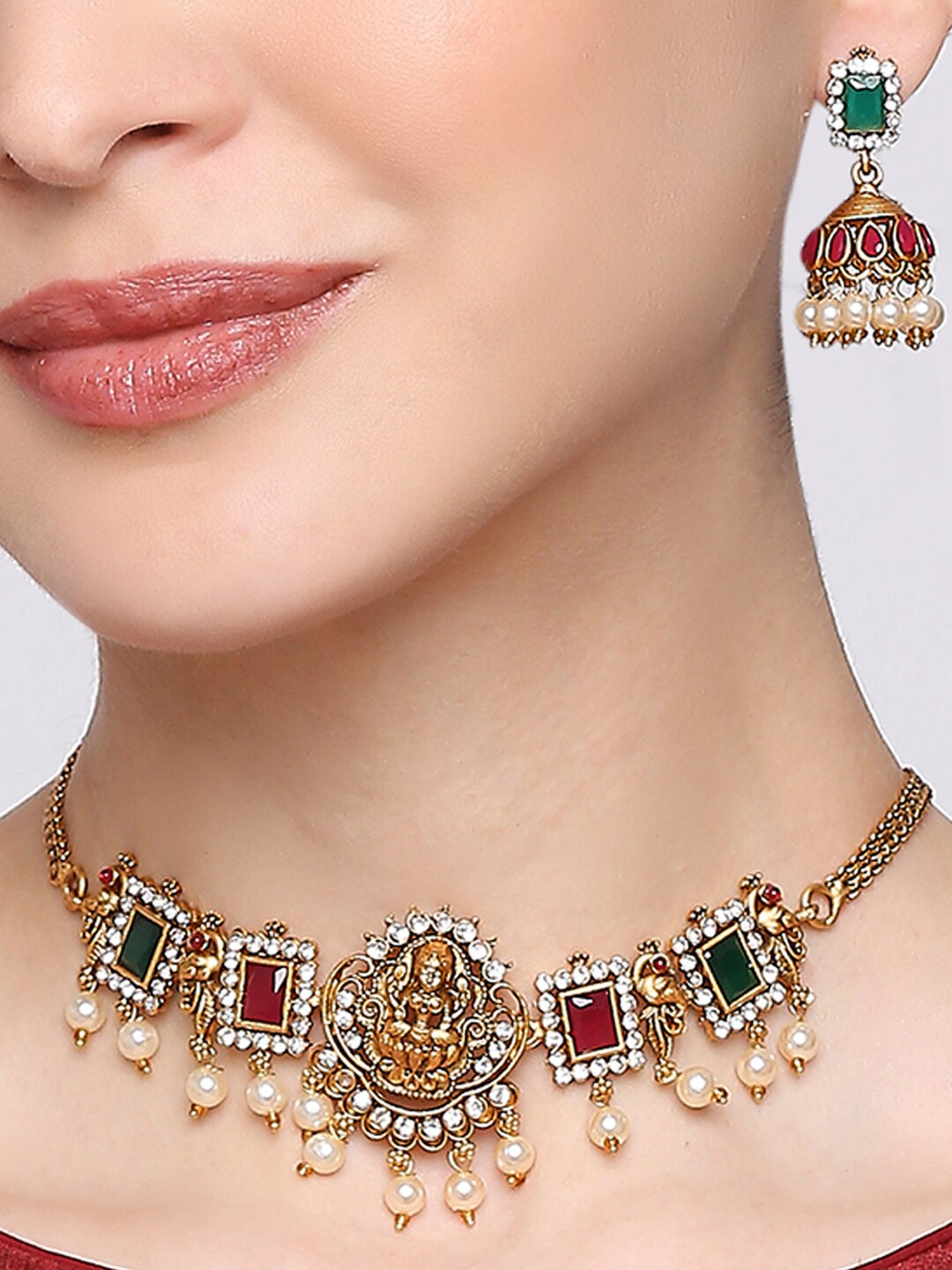 

OOMPH Gold-Plated Stone-Studded & Pearl Beaded Laxmi Choker Jewellery Set, Red