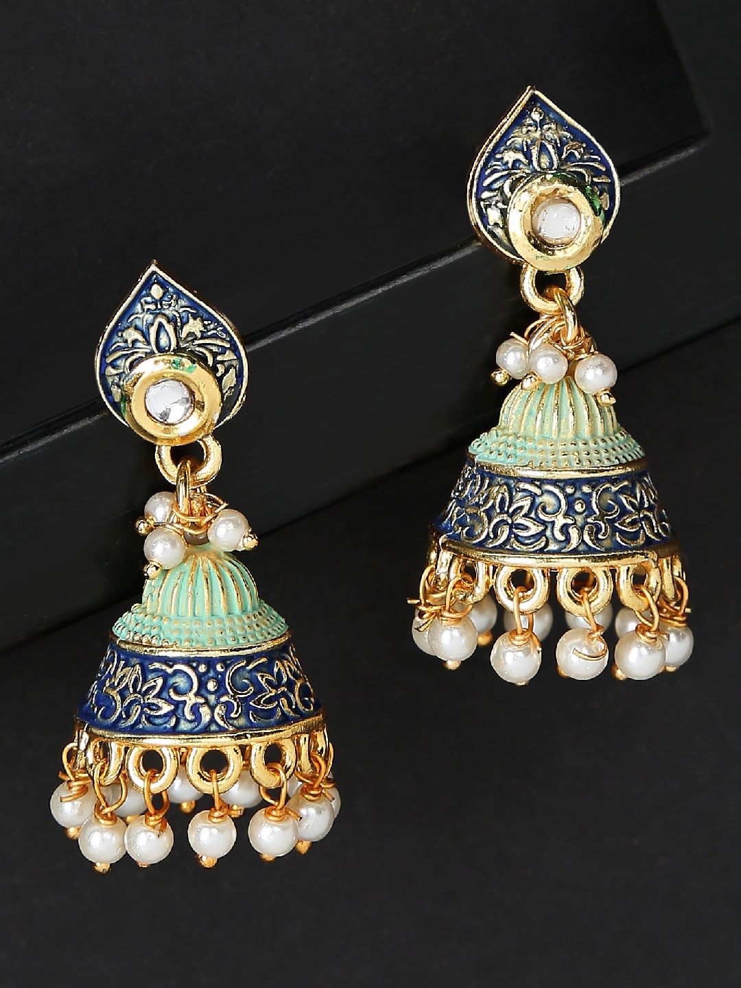 

OOMPH Green & White Dome Shaped Jhumkas Earrings