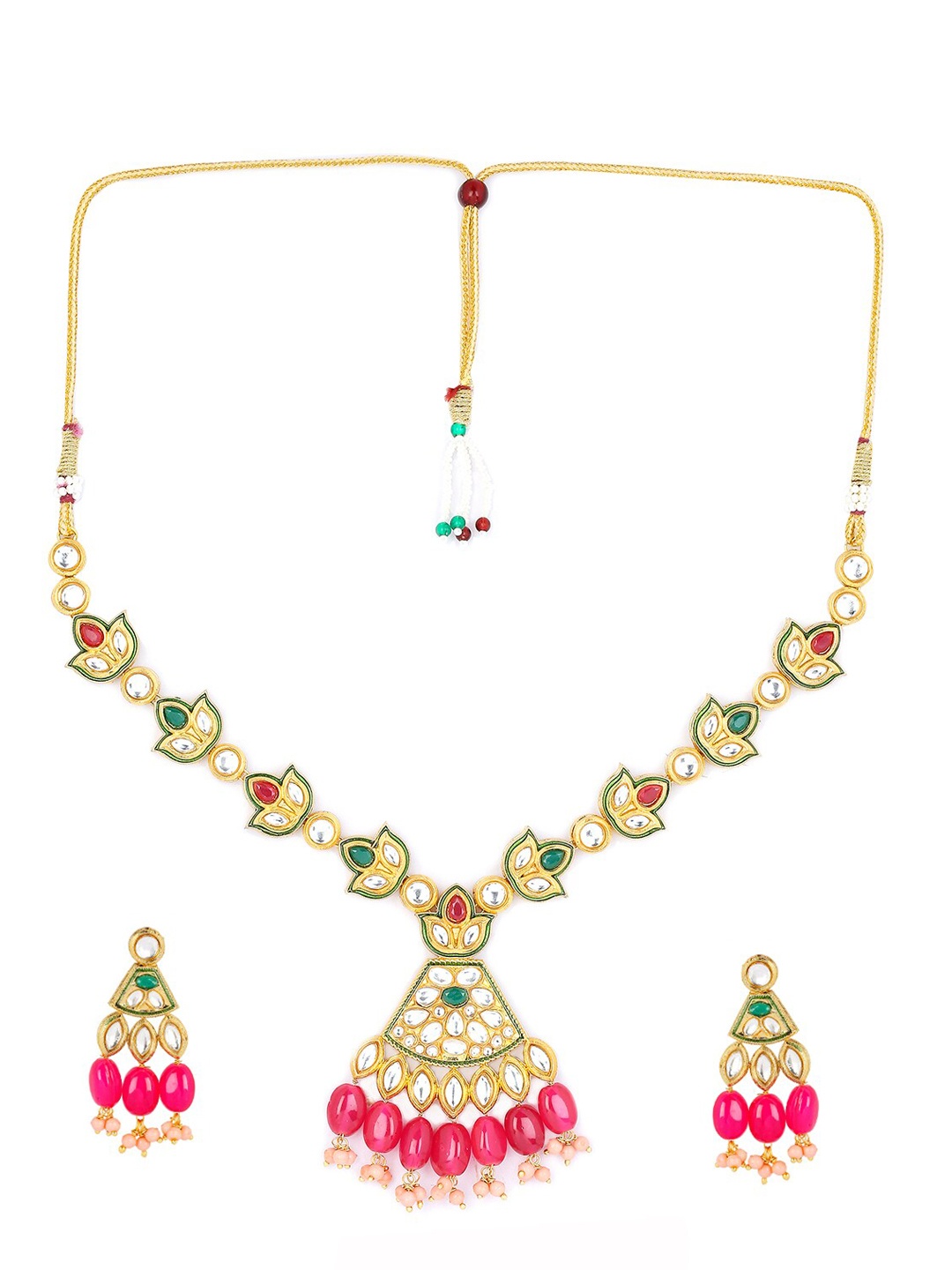 

OOMPH Gold-Plated Kundan Stone-Studded & Beaded Jewellery Set, Green