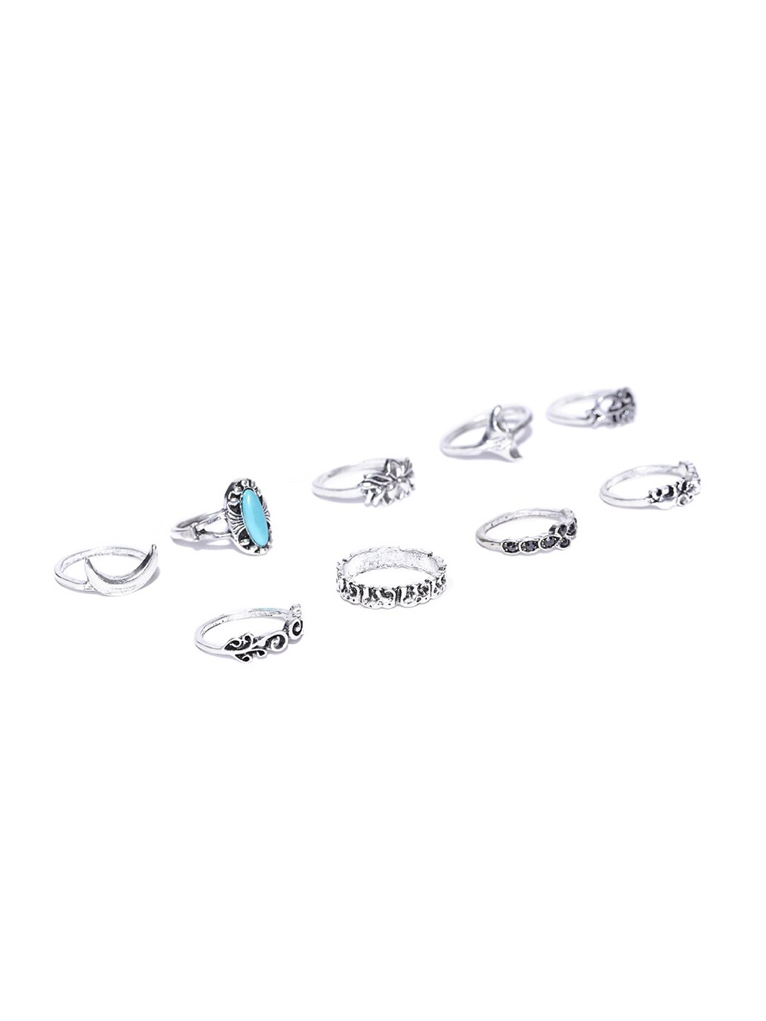 

OOMPH Set Of 9 Oxidised Finger Rings, Silver