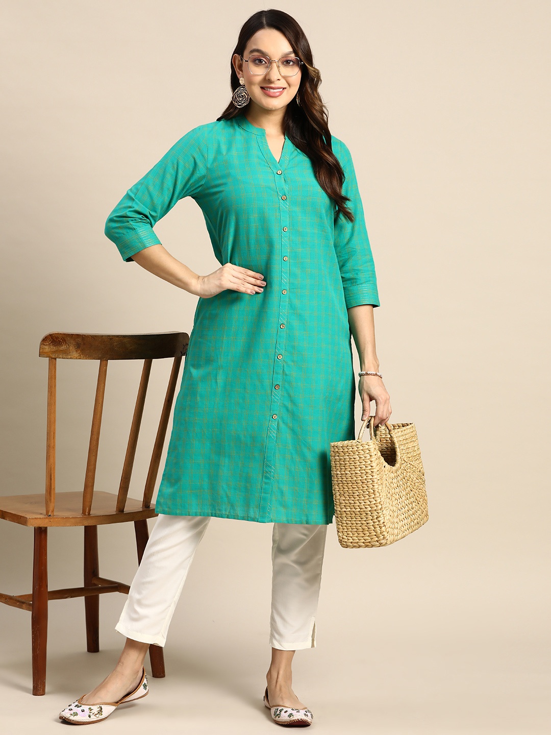 

Sangria Checked Mandarin Collar Pure Cotton Kurta, Green