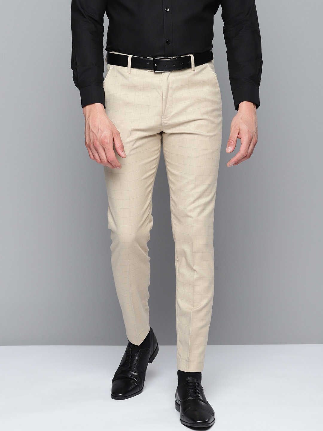 

DENNISON Men Smart Checked Tapered Fit Formal Trousers, Beige
