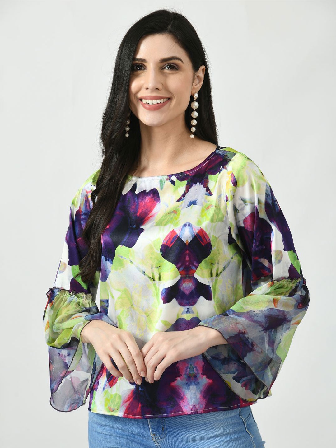 

MKOAL Printed Bell Sleeves Satin Top, Purple