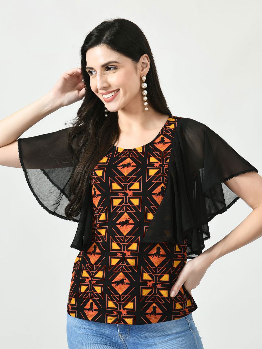 

MKOAL Geometric Printed Flutter Sleeve Pure Cotton Top, Black
