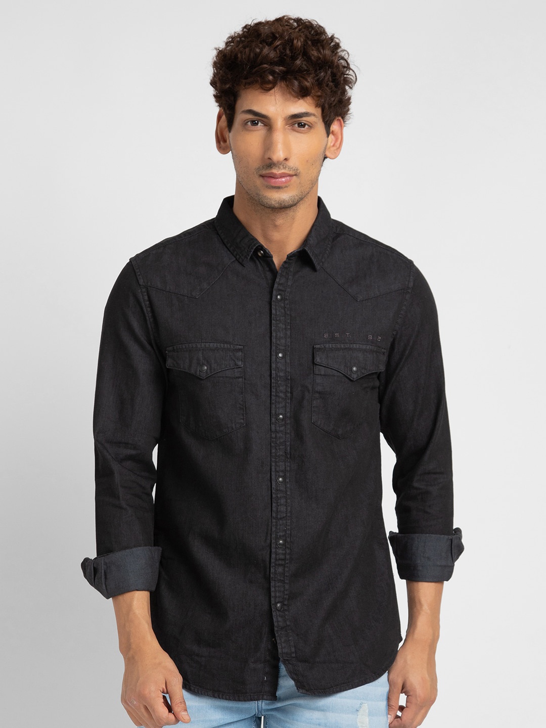 

SPYKAR Men Classic Slim Fit Casual Denim Cotton Shirt, Black