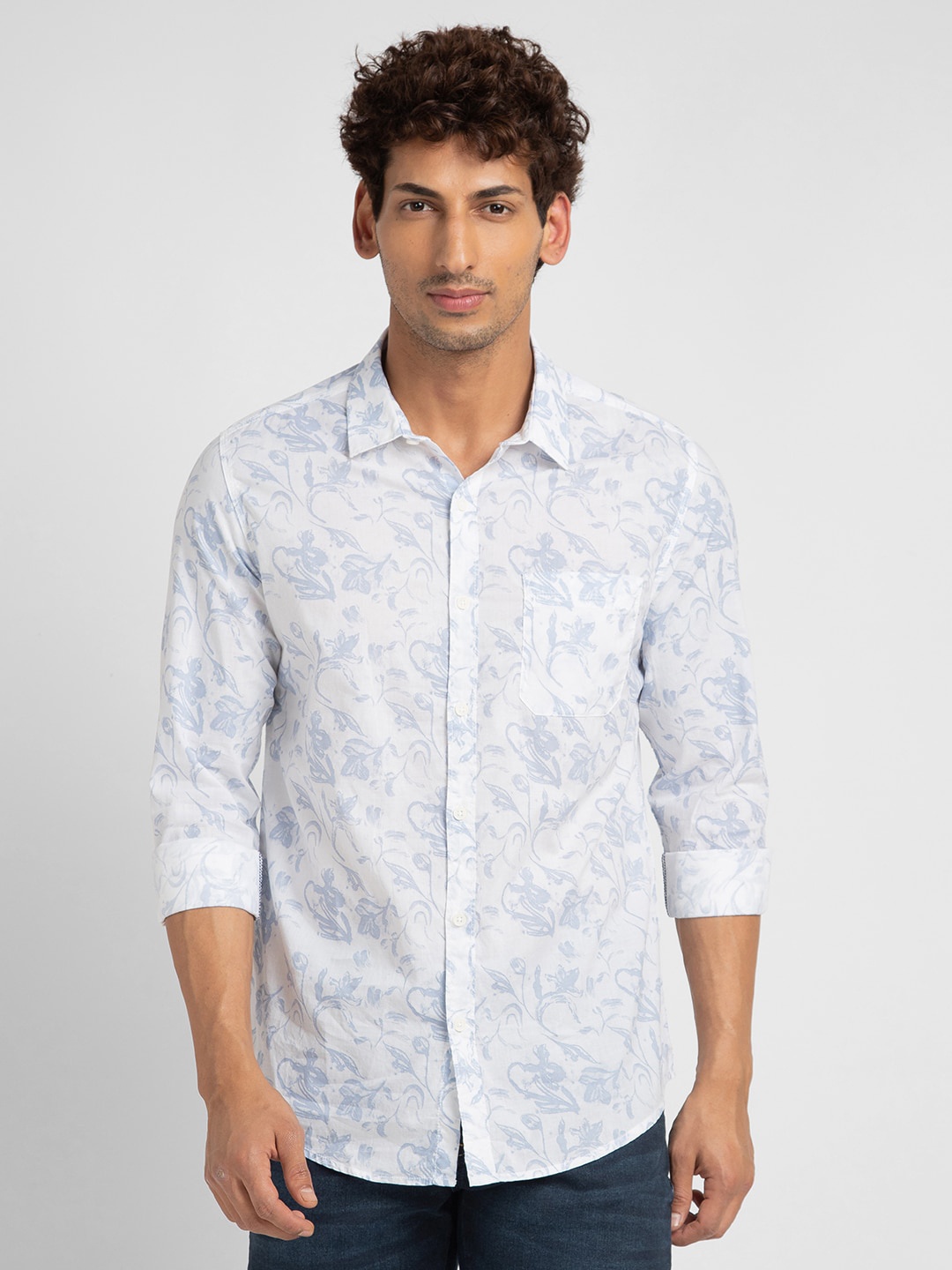 

SPYKAR Classic Slim Fit Floral Printed Casual Cotton Shirt, White