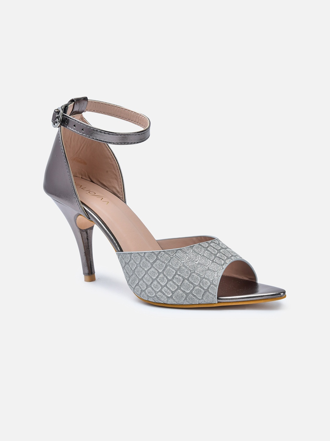 

VALIOSAA Gunmetal-Toned Party Stiletto Peep Toes, Metallic