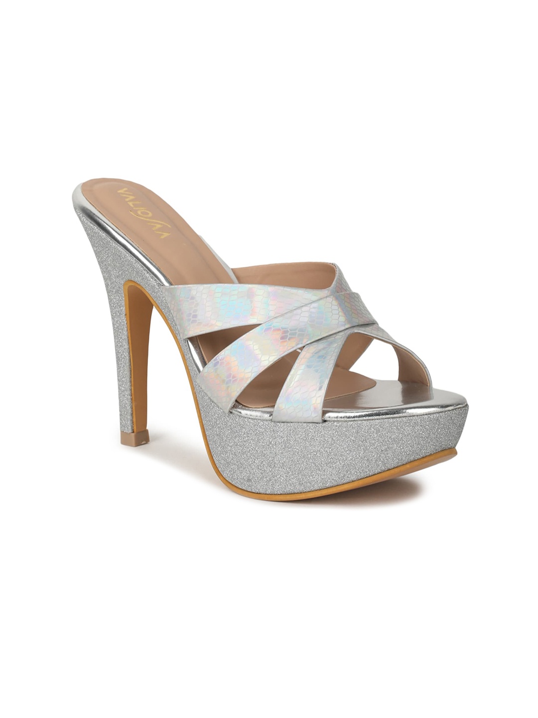 

VALIOSAA Embellished Open Toe Platform Heels, Silver