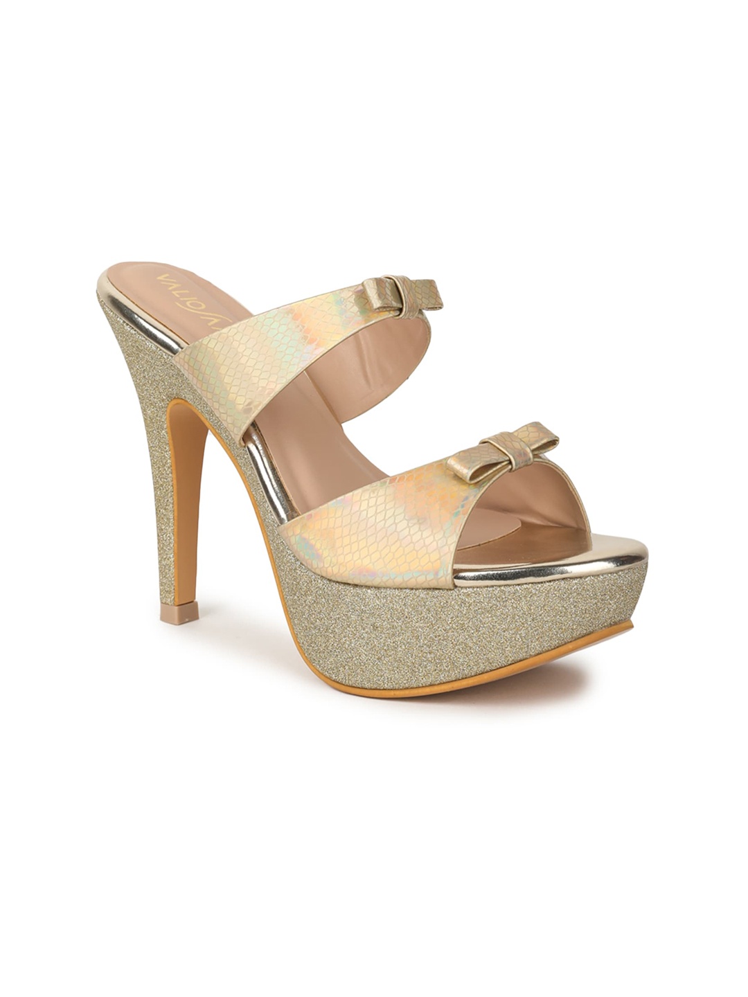 

VALIOSAA Party Stiletto Heels With Bows, Gold