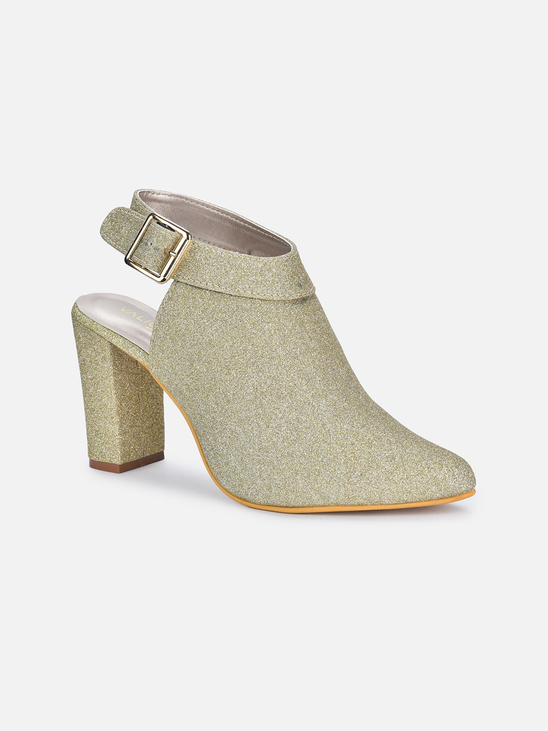 

VALIOSAA Textured Buckles Block Mules, Gold