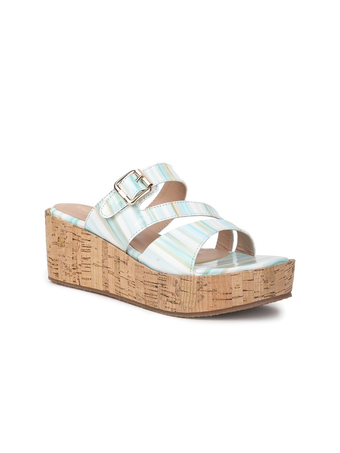 

VALIOSAA Striped Wedge Heels with Buckles, Sea green