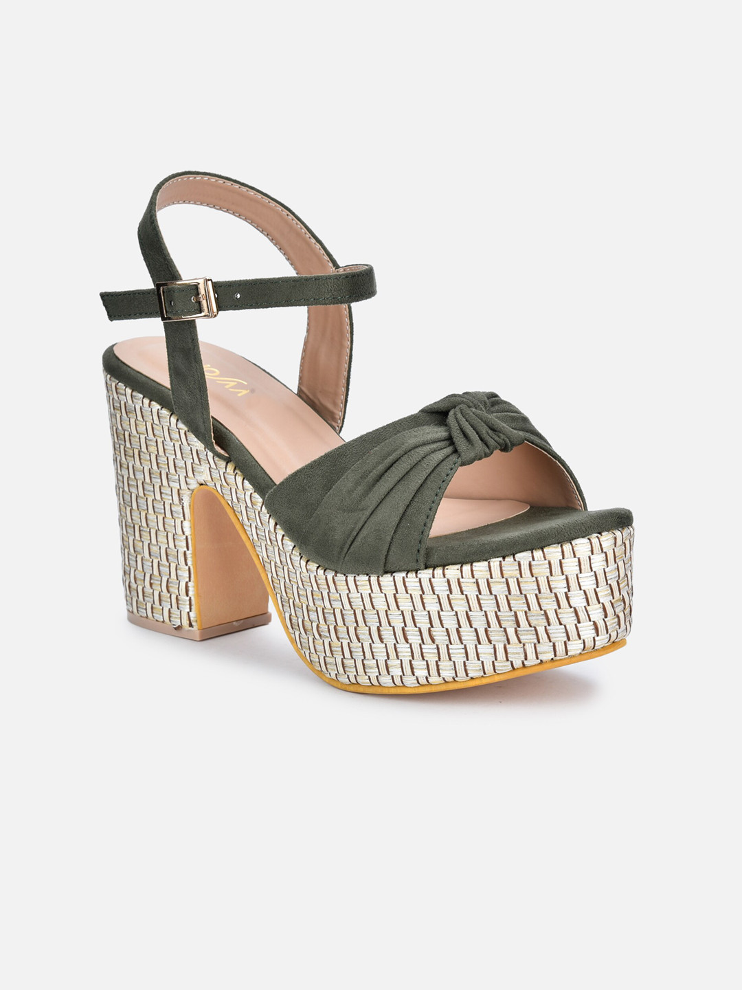 

VALIOSAA Knotted Suede Platform Heels, Olive